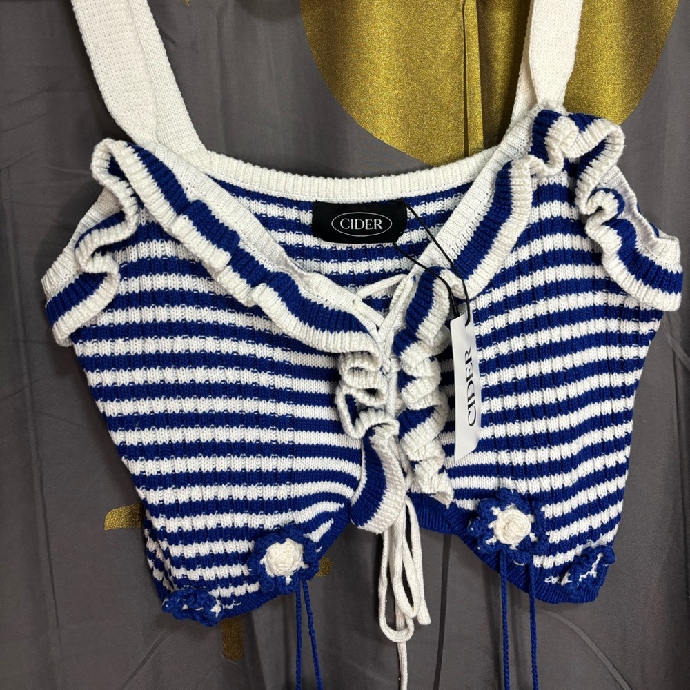 Cider Navy Blue and White Striped Ruffle Knit Crop Top